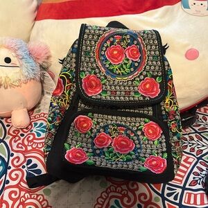 Embroidered backpack - pink - flowers - Mexican bag/ handmade